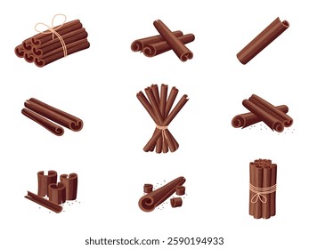 Cartoon isolated cinnamon sticks. Tasty spices for dessert, baking, coffee. Organic herbal bunches of cinnamon. Nowaday raw cooking vector ingredients