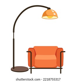 Cartoon isolated classic armchair and lampshade on stand, retro fashion decor for home apartment and equipment for relax. Chair and lamp, furniture of living room interior vector illustration