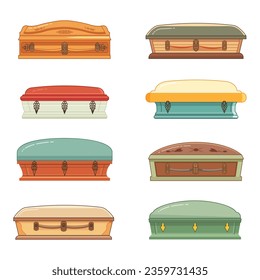 Cartoon isolated coffin. Funeral service equipment, flat color coffins with decor. Pharaoh funerary sarcophagus, mortuary decent vector elements