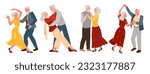 Cartoon isolated collection with pair of old man and woman dancing to music together, dance club or school for older romantic grandparents. Slow and fun dance of senior couple set vector illustration