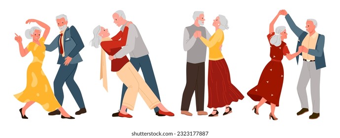 Colección aislada de dibujos animados con un par de ancianos y una mujer bailando juntos música, una discoteca o una escuela para abuelos románticos mayores. Baile lento y divertido de la pareja de ancianos conjunto de ilustración vectorial