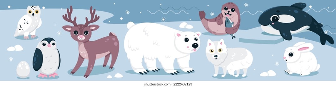 Cartoon isolierte süße Babyfiguren mit lustigen Eisbären, glücklicher Walross mit Fisch und Pinguin, weißer Fuchs. Wilde Tiere und Vögel im Norden, Natur der Arktis und Antarktis