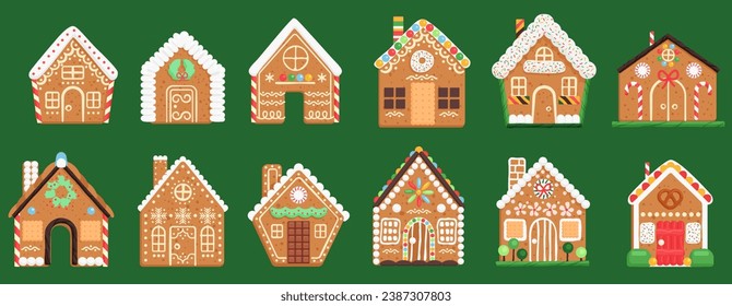 Cartoon isolated cute baked town buildings collection with candy and sugar icing snowflakes pattern, chocolate decorations on windows and doors of houses. Gingerbread houses set vector illustration.