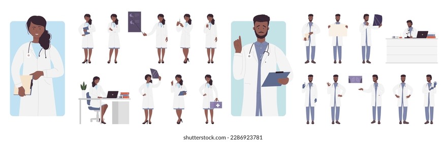 Cartoon isolated dark skin female male characters with stethoscope, medical robes, man woman research patients xray of lungs and stomach, holding first aid box. Doctors pose set vector illustration