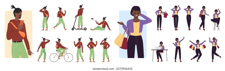 Cartoon isolated dark skin male female characters standing, walking and jumping with shopping bags, hipster riding electric scooter bike, drinking coffee. Poses of young people set vector illustration
