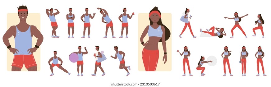 Cartoon isolated dark skin male female blonde characters standing and training muscles with dumbbells, professional instructors doing sport workout. Poses of sports trainers set vector illustration.