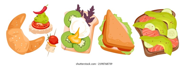 Cartoon isolated delicious tasty fastfood collection with crispy croissant, bread toasts with smoked salmon and avocado, sandwich with tomato slices and lettuce. Food snacks set vector illustration