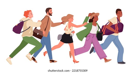 Cartoon Isolated Diverse Crowd Of Young Active Adult Characters Running Fast, Man And Woman In Casual Clothes Rush On Urgent Goals, Buyers Run On Shopping. People Run In Hurry Vector Illustration