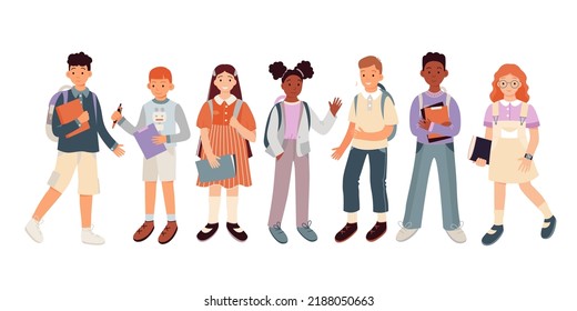 Cartoon isolated diverse group of cute children students of primary school standing with backpacks, bags and books, happy little girls and boys wave hand. Schoolchildren set vector illustration