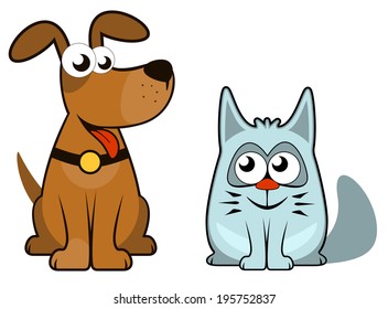 cartoon isolated dog and cat. sit and looking each other