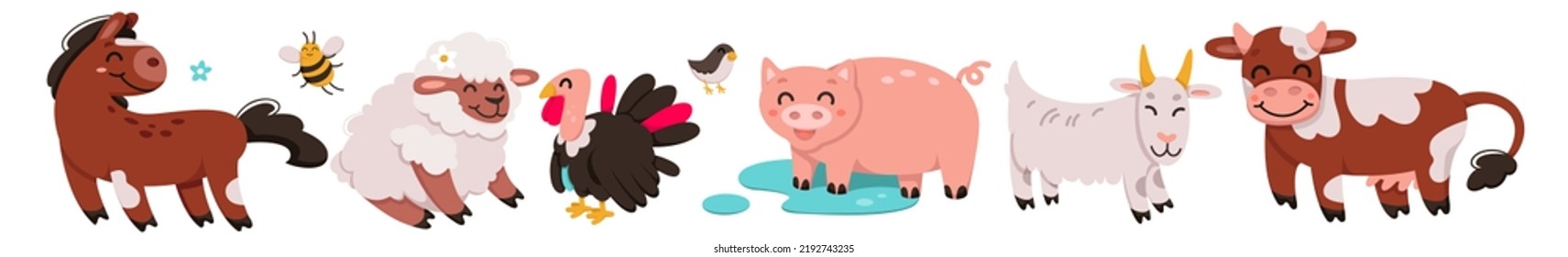 Cartoon isolated domestic characters in childish livestock collection for little baby, happy village chicken pig sheep goose turkey cow and bee. Cute farm animals and birds set vector illustration