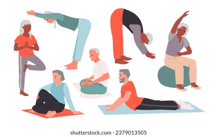 Caricatura de ancianos aislados haciendo pilates activos posa y gimnasia, hombre feliz anciano y mujer se estiran en esteras. Ejercicios físicos, deporte y yoga de adultos mayores ilustran vectores