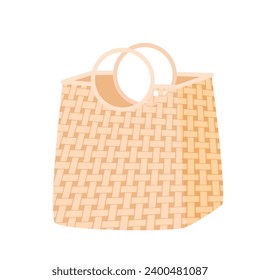 Cartoon isolated empty rattan or wooden hamper with natural brown braided textured wires and handles, retro traditional round box for picnic food, rural accessory. Wicker basket vector illustration