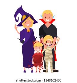 cartoon Isolated  family in  halloween costumes celebrating happy halloween. Vector illustration with cartoon family  on white background.Mother a witch,father a vampire,sons, mummy, and demon.