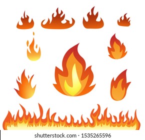 Cartoon isolated fire flame. Fires image, hot flaming ignition, flammable blaze heat explosion danger flames energy. Vector illustration.