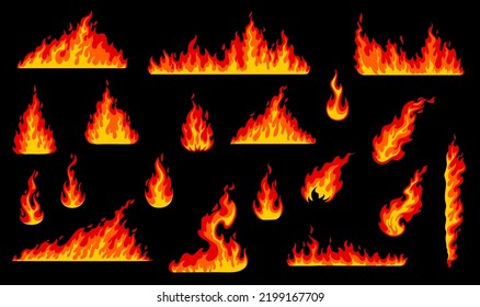 Cartoon isolated fire flame. Forest wildfire, fireplace fire flames, burning woods and hell blaze vector borders set. Campfire, flammable danger and natural disaster isolated fire flames set