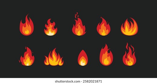 Cartoon isolated fire flame. Forest wildfire, fireplace fire flames, burning woods and hell blaze vector borders set. Campfire, flammable danger and natural disaster isolated fire flames set