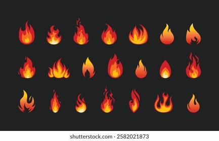 Cartoon isolated fire flame. Forest wildfire, fireplace fire flames, burning woods and hell blaze vector borders set. Campfire, flammable danger and natural disaster isolated fire flames set