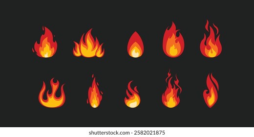 Cartoon isolated fire flame. Forest wildfire, fireplace fire flames, burning woods and hell blaze vector borders set. Campfire, flammable danger and natural disaster isolated fire flames set