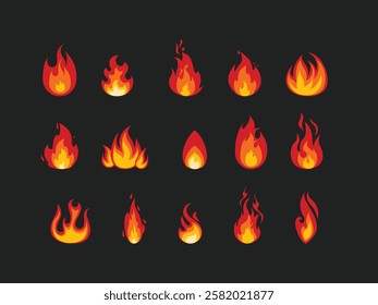 Cartoon isolated fire flame. Forest wildfire, fireplace fire flames, burning woods and hell blaze vector borders set. Campfire, flammable danger and natural disaster isolated fire flames set