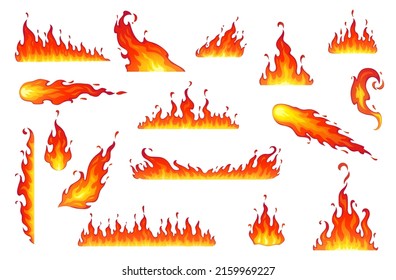 Cartoon isolated fire flames, bonfire. Vector campfire, comet, fireball or torch burning blaze. Glowing shining borders with long waving tongues. Decorative ignition stripes of fire flames
