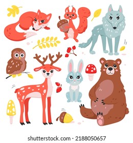 Cartoon isolated forest characters with autumn berry fruit on plants and mushrooms, squirrel with acorn and deer, fox and wolf, owl and bear. Cute wild animals and birds set vector illustration