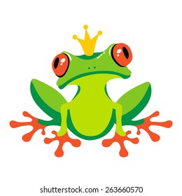 Cartoon isolated frog with crown. Vector illustration