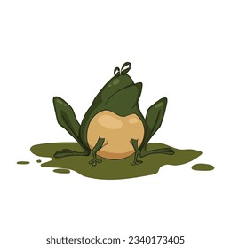 Cartoon isolated frog. Funny fat toad in a green swamp puddle. Crazy distrustful character. Comic reptile art. Vector illustration