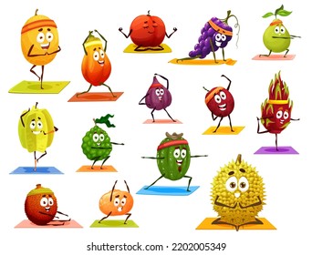 Cartoon einzeln Fruchtfiguren auf Yoga, Pilates Fitness Sport. Melon, Mango und Traube, Guava, Carambola und Bergamotte, Orange, Kiwi und Lychee, Orange, Durian und Pitaya bei Yogamat-Übungen