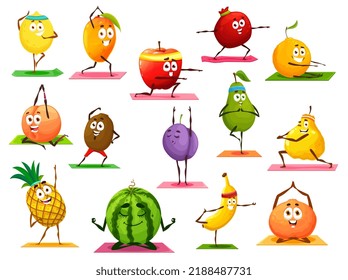 Cartoon isolated fruits characters on yoga and pilates or fitness sport. Funny fruits making exercises, mango and watermelon in yoga meditation, kiwi and banana on fitness stretching, orange and apple