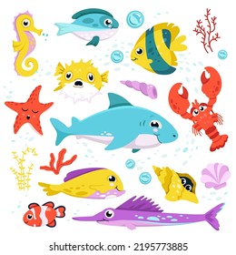 Cartoon isolated funny aquatic characters, happy whale and octopus, swimming seahorse and tortoise, clownfish smiling. Cute fishes and underwater animals