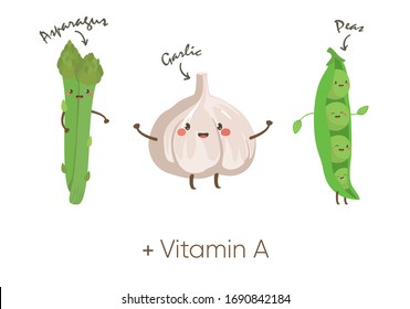 Cartoon isolated garlic, peas, asparagus. Cartoon garlic, peas, asparagus on white background.