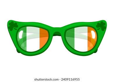 Cartoon isolated groovy green sunglasses with Irish flag and lucky green clover for a party on St Patricks Day