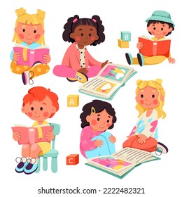 Cartoon isolated happy children study with fun, preschool students sit on knees on floor or chair and reading, little girls and boys hold books. Cute little kids read books set vector illustration