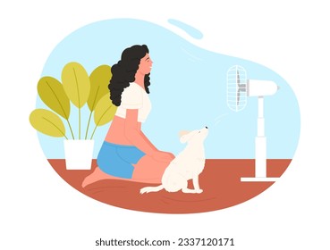 Caricatura aisló la calurosa escena del verano con una mujer. Niña feliz enfriándose en el ventilador eléctrico soplando, sentada en casa con perro mascota e ilustración vector relajante