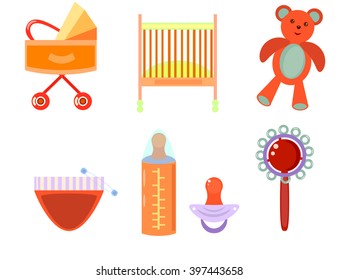 Cartoon isolated icon set accessories for child, baby shower. Pram,crib,teddy bear,diapers,bottle,beanbag,toy,pin. Vector Illustration