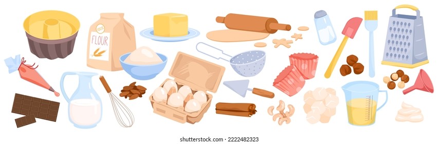 Cartoon isolated kitchen collection for cooking bakery recipe, sugar and flour in bag, butter and eggs to bake cake on dessert. Ingredients, utensils and tools for baking set vector illustration