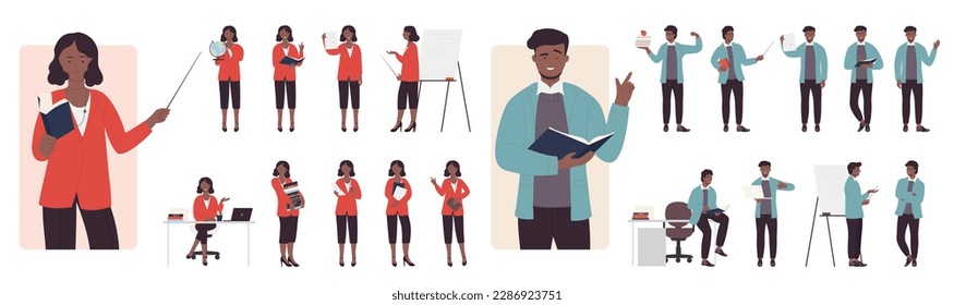 Cartoon isolated male dark skin and female characters standing pointing board with stick, teaching and holding open book and globe on lecture, education process. Teachers poses set vector illustration