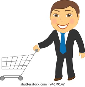 cartoon isolated man with shopping cart