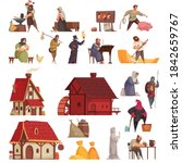 Cartoon and isolated medieval icon set with houses taverns villagers blacksmith executioner vector illustration