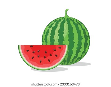 Caricatura aisló al melón. Cortes de sandía y de sandía jugosa, enteras y cortadas de rojo fresco delicioso agua sabrosa melones de fruta ilustración vectorial