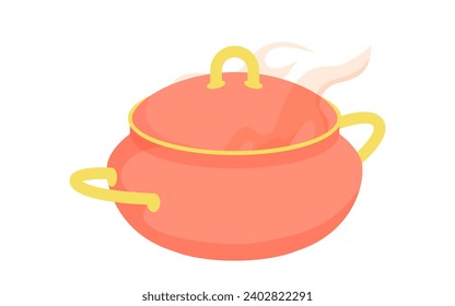 Cartoon isolated metal pot with handles and boiling red borsch, preparation process of hot gourmet dish for lunch or dinner in open cooker in kitchen. Soup in saucepan with steam