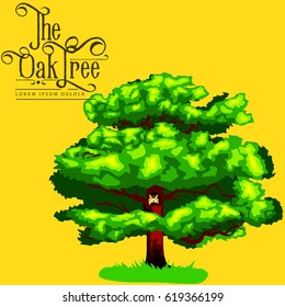 Cartoon isolated oak summer tree on background icon, outdoor park with branch, leafs on green grass vector illustration