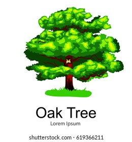 Cartoon isolated oak summer tree on a white background icon, outdoor park with branch, leafs on green grass vector illustration