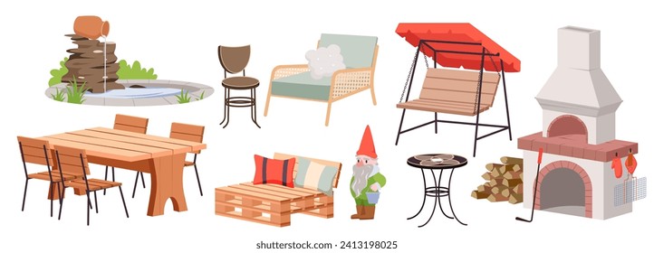 Cartoon isolated outdoor loft wooden chair and hanging couch swing with cushion and canopy, gnome and fireplace, terrace table. Garden furniture and barbecue equipment set