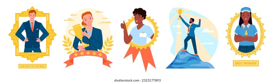 Cartoon isolated portraits of best workers and winners of golden cups and medals in career competitions, support for confident man and woman with prizes. Best employees set vector illustration