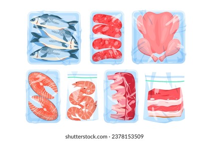 Caricatura de productos alimenticios proteicos aislados en paquetes de supermercados recolectados, carne de res y pescado congelados o frescos, pollo y camarones. Carne, aves de corral y mariscos en bandejas de plástico ilustran vectores