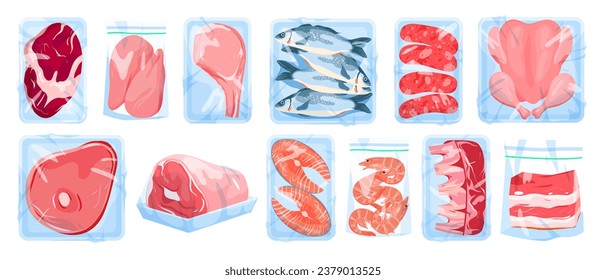 Cartoon isolated protein food products in supermarket packages collection, frozen or fresh beef steak and fish, chicken and shrimp. Meat, poultry and seafood in plastic trays set vector illustration