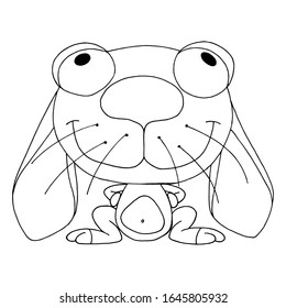Cartoon an isolated rabbit with big eyes and ears. Black outline hand drawing coloring book for children and adults.  Design for cards, flyers, brochures. Vector illustration. Eps 8.