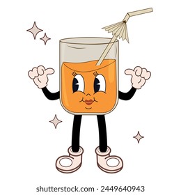 Cartoon isolated retro comic sticker of fresh juice in a glass in groovy style, funny weird facial expression, retro mascot to celebrate birthday
